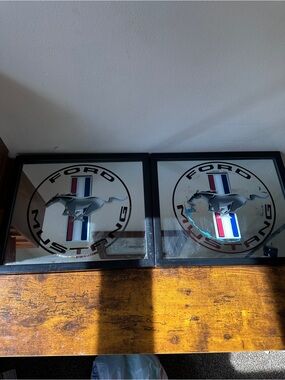 Set of 2 Vtg Ford Mustang Framed Bar Mirrors Tri-Bar Pony Sign Man Cave Garage
